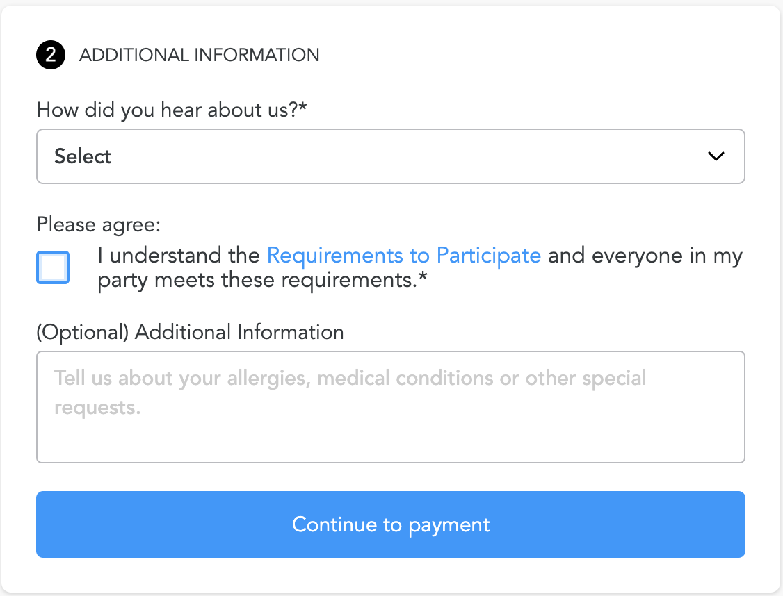 additional information screen in booking flow